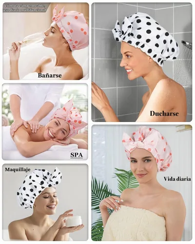 Vista 6 de 2 piezas de gorras de ducha para mujer, gorras de ducha reutilizables impermeables para el cabello con moño ajustable, lujosa gorra de baño para Rosa