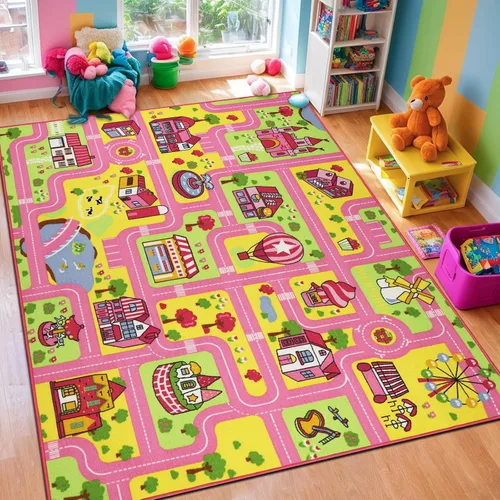 Vista 7 de Capslpad Alfombra para niños para sala de juegos, alfombra de juego rosa para tráfico, carretera, automóvil, alfombra de juego de 5.2 x 3.3 pies