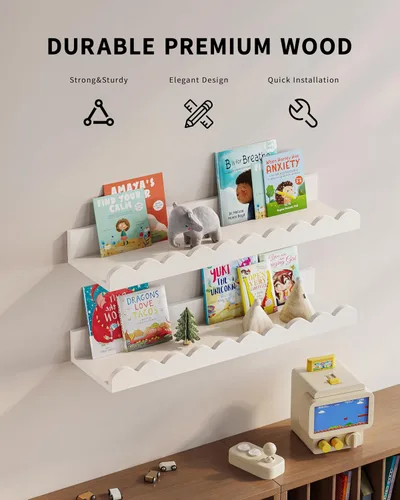 Vista 5 de G&W Gruwald Juego de 3 estantes para libros de guardería, decoración de guardería para bebés y niños pequeños, estantes festoneados, estante