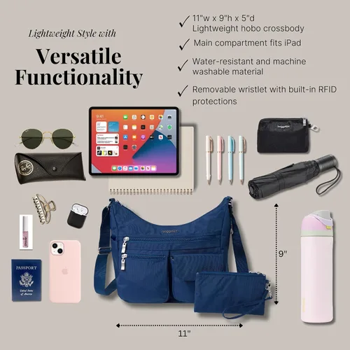 Vista 97 de Baggallini womens Everywhere Bagg Crossbody Women 11x9 Lightweight Nylon Hobo Water-resistant Travel Bag W/Rfid