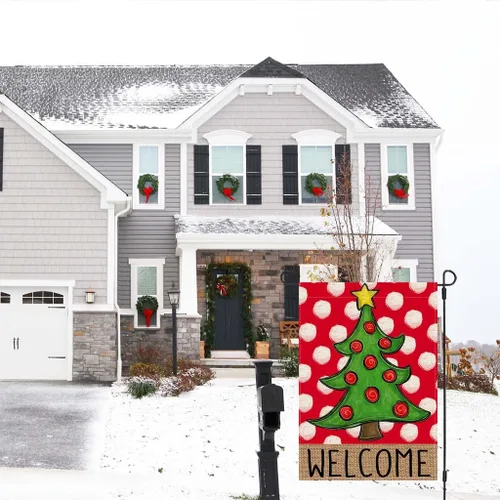 Vista 4 de PANDICORN Bandera de Jardín Feliz Navidad 12x18 Pulgadas Doble Cara, Bienvenida Árbol de Navidad Lunares Rojo Invierno Vacaciones Patio Arpillera