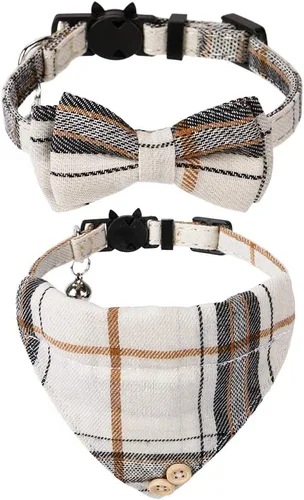 Vista 16 de Faleela Juego de 2 collares de gato con corbata de moño y campana, collar de camisa a cuadros para gatito ajustable de seguridad