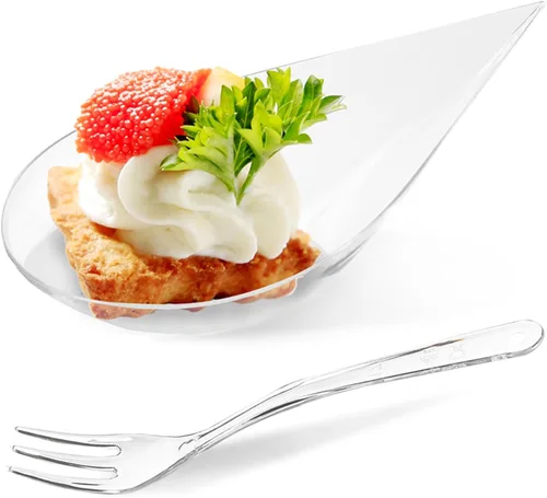 Vista 9 de TOFLEN Mini platos de postre de 100 unidades con cucharas de degustación, 3-1/8 x 2-5/8 pulgadas, pequeños platos de plástico transparente