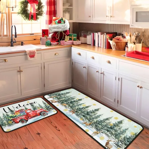Vista 3 de Juego de 2 alfombras y tapetes de cocina navideñas para camiones, decoraciones navideñas para el hogar, antideslizantes con respaldo, alfombras