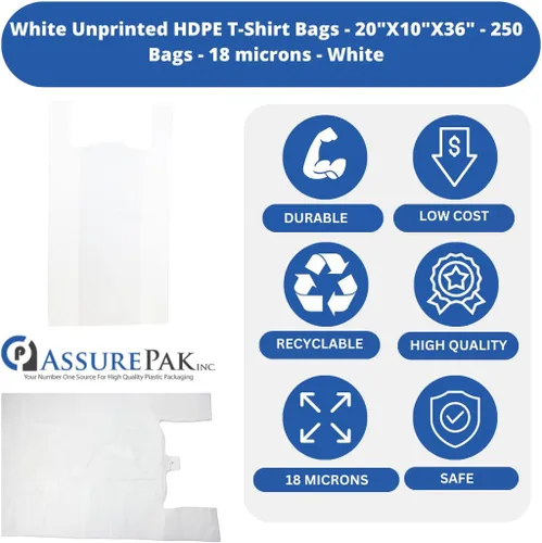 Vista 3 de ASSUREPAK Bolsas blancas de polietileno de alta densidad sin imprimir – 20 x 10 x 36 pulgadas con asas – 250 unidades – 18 micras – Venta al por