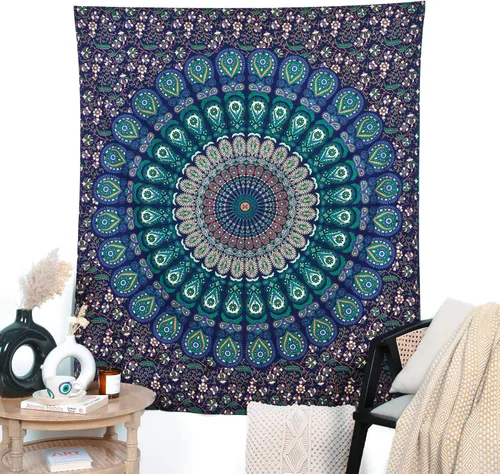 Vista 11 de Tapiz para pared con diseño hippie de mandala, bohemia e hindú Azul y verde