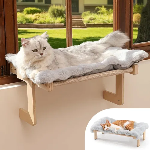 Vista 10 de FUKUMARU Percha para ventana de gato, hamaca transformable para alféizar y piso, cama de ventana para gatos grandes y gatitos, marco de madera