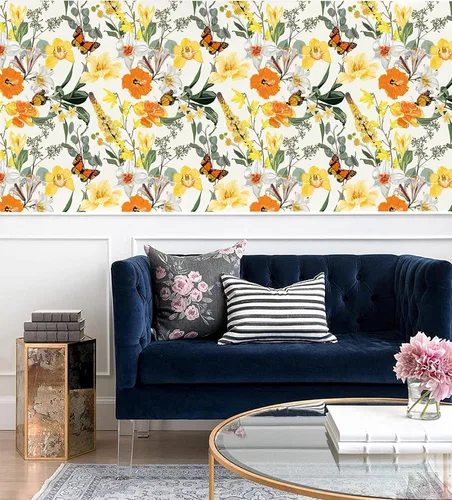 Vista 2 de Blooming Wall DPYC07 - Papel tapiz autoadhesivo con hojas de flores blancas y amarillas con mariposas, autoadhesivos, prepegados, decoración de pared