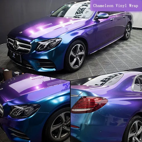 Vista 2 de Vinilo adhesivo de coche de color morado metálico brillante a azul camaleón, cinta adhesiva de película adhesiva de liberación de aire