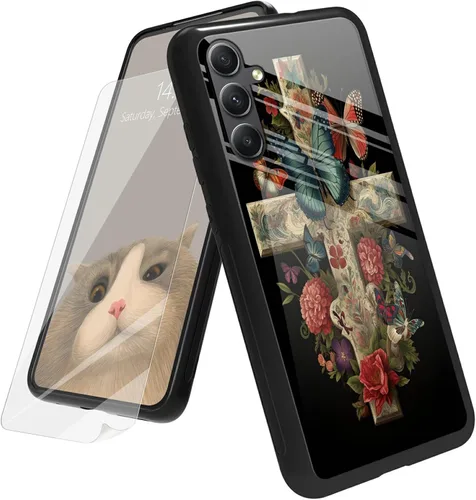 Vista 152 de Funda para Samsung Galaxy A12 5G con protector de pantalla, parte trasera de vidrio templado + TPU de silicona suave que absorbe los golpes