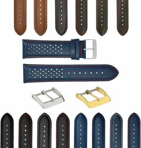 Vista 14 de Ewatchparts Correa de reloj de piel perforada de 18-19-20-21-22-0.906-0.945 in compatible con Rolex Quick Release Negro y dorado