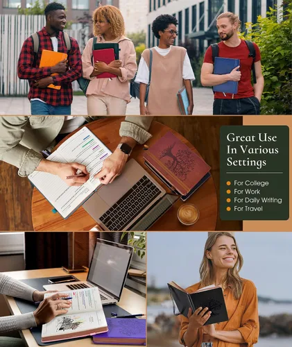Vista 7 de Diario vintage de cuero con 300 páginas numeradas, diario rayado A4 para hombres y mujeres, diarios para escribir, cuaderno de rayas universitarias