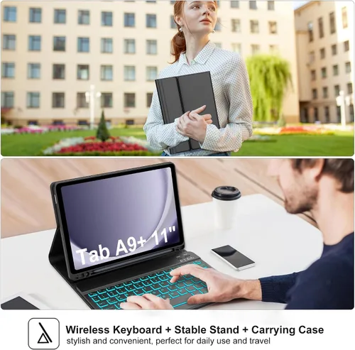 Vista 7 de Funda para Galaxy Tab A9 Plus con teclado de 11 pulgadas, retroiluminación de 7 colores, teclado Bluetooth inalámbrico desmontable, funda