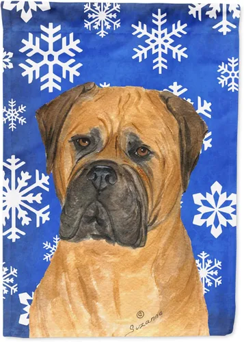Vista 215 de Caroline's Treasures SC9374GF Bulldog English Snow flakes Holiday Garden Flag Buzón Bandera decorativa para patio exterior, patio, obras de arte