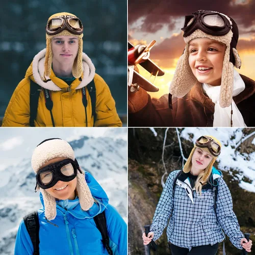 Vista 2 de Peicees Sombrero de aviador con gafas, disfraz para adultos y niños, gorra de piloto para hombres y mujeres, sombrero de trampero de invierno