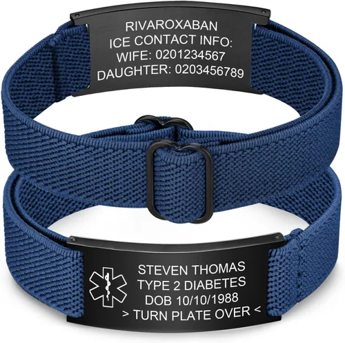 Vista 17 de Pulsera de alerta médica personalizada para hombres - Pulseras de identificación de acero inoxidable con correa elástica personalizada grabada