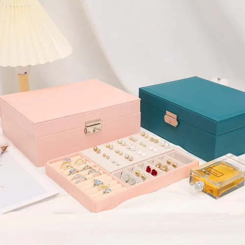 Vista 6 de Joyero organizador para mujeres y niñas joyero de doble capa con cerradura y llave almacenamiento de joyas de piel sintética con bandeja extraíble