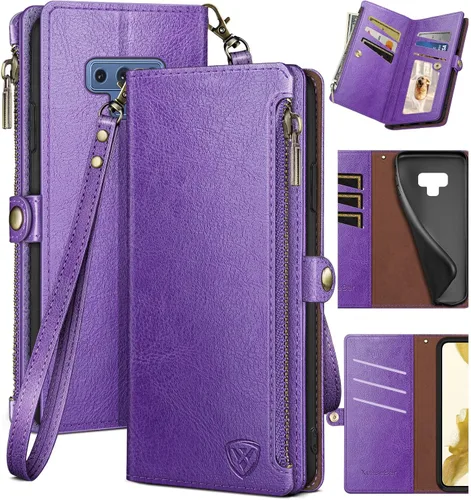 Vista 10 de XcaseBar Funda tipo cartera para Samsung Galaxy Note 9 con cremallera y tarjetero de crédito con bloqueo RFID, funda de piel sintética con tapa