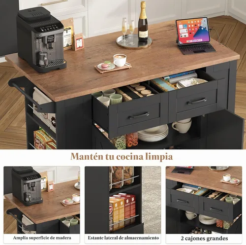 Vista 4 de Keyluv Isla de almacenamiento de cocina con 2 taburetes, carrito de cocina móvil de 51 pulgadas con hoja de caída y toma de corriente, mesa de isla