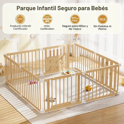 Vista 3 de Parque infantil de madera para bebés con puerta de seguridad, patio grande de 64 "x 64" para bebés Natural Pine Wood Playpen with Built-in Toys