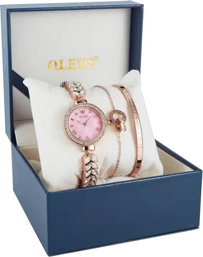 Vista 2 de OLEVS Set de Reloj para Mujer con Diamantes Brillantes, Juego de Relojes Elegantes de Oro Rosa, Pulseras y Collares de Lujo para Dama