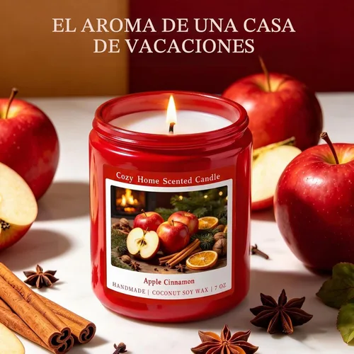 Vista 2 de Homsolver Vela perfumada de canela de manzana de 7 onzas, vela navideña para otoño, invierno y Navidad para el hogar, mezcla de cera de soja de coco