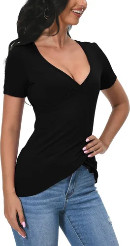 Vista 7 de Afibi - Blusa de manga larga con cuello en V profundo y ajuste slim para mujer A-Negro