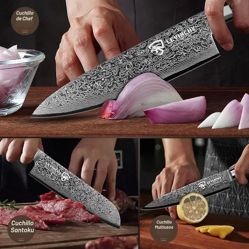 Vista 2 de Juego de cuchillos de cocina de damasco de 3 piezas, para chef Santoku, Pakkawood