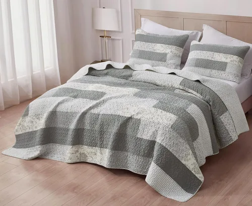 Vista 3 de Chezmoi Collection Caleb - Juego de edredón de 2 piezas con diseño floral a cuadros en gris apagado, blanco y marfil, rectangular, prelavado