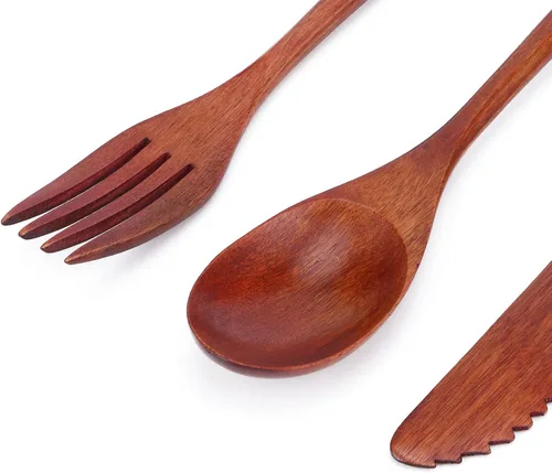 Vista 3 de Juego de cubiertos de madera Cuchara Tenedor Cuchillo Cubiertos de Madera Vajilla Vajilla Portátil con Bolsa