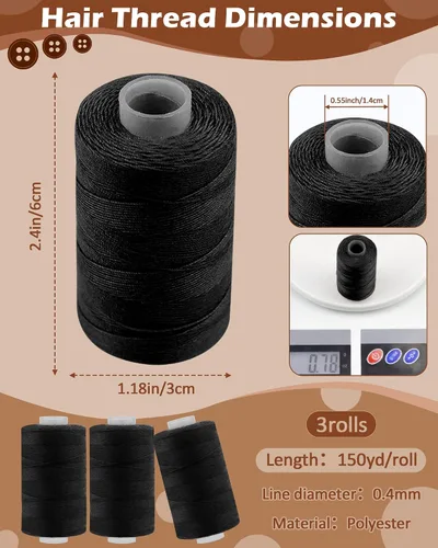 Vista 2 de FIVEIZERO 3 rollos de hilo de extensión de cabello con 30 agujas T/C/J/I utilizando, hilos de tejido de cabello negro, aguja para coser e hilo