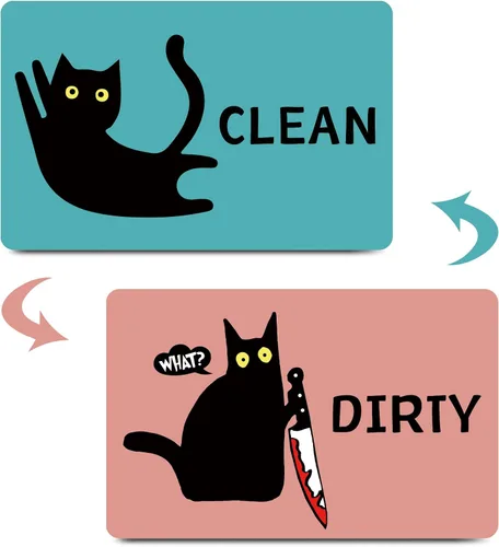 Vista 9 de Imán divertido de dibujos animados con diseño de gato limpio y sucio para lavavajillas, imán para lavadora, gato negro, nevera, limpio, sucio, doble
