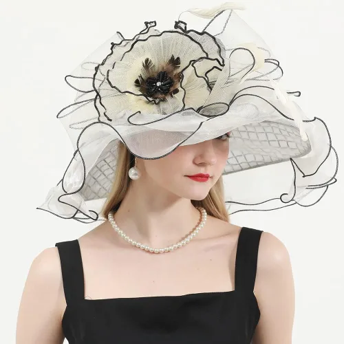 Vista 6 de Sombreros de organza para mujer, para fiesta, iglesia, derby, visera para el sol, sombreros, flores, tocados, fedoras de ala ancha grande