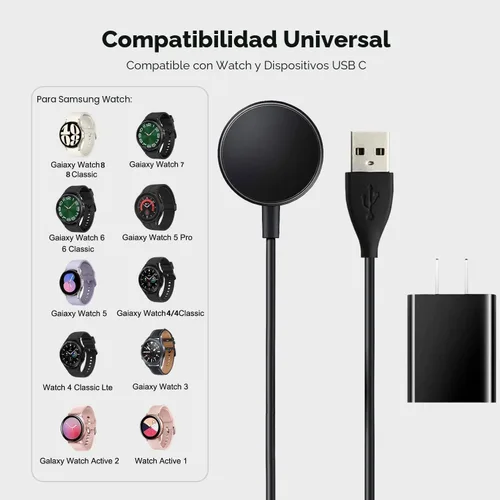 Vista 3 de Cargador de reloj compatible con Samsung Galaxy Watch 8/8 Classic, 7/6/Ultra, 5/5 Pro/4/4/6 Classic/3/Active 2/Active 1, adaptador y cable de carga