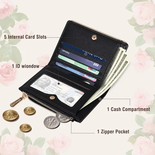 Vista 2 de Billetera pequeña para mujer, doble bordado, con flores, bloqueo RFID, piel sintética, con bolsillo con cremallera para mujeres y niñas (negro)