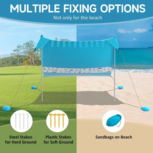 Vista 5 de Villey Tienda de campaña de playa con protección UPF50+, parasol portátil de 8 x 7 pies con 2 postes de estabilidad, 8 clavijas de tierra, 4 sacos