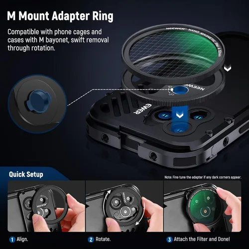 Vista 6 de NEEWER - Juego de filtros magnéticos para teléfono de 2.047 in, anillo adaptador + estrella de 4 puntos + CPL + filtro de difusión negro de 1/4