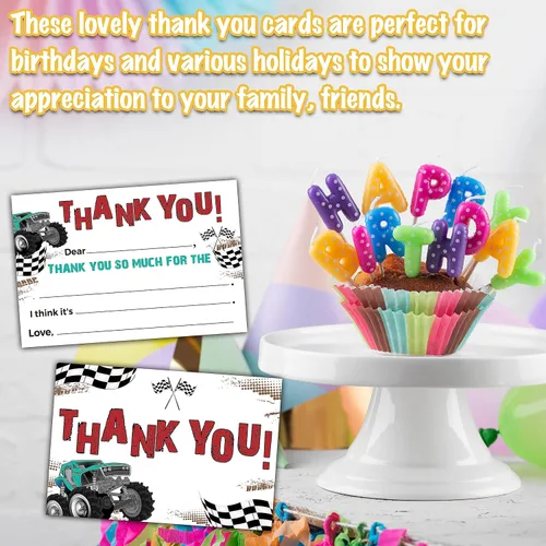 Vista 4 de Tarjetas de agradecimiento de camiones monstruo, tarjeta de agradecimiento con espacio para rellenar con temática de Monster Jam, notas