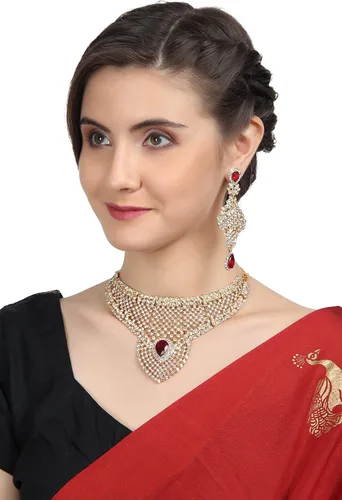 Vista 4 de Touchstone Mughal Jali Collection, Gargantilla de tono dorado, de India, Mughal, Bollywood, diamante blanco, set de gargantilla para mujer