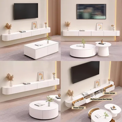 Vista 3 de Consola flotante de TV para montaje en pared, gran unidad negra con cajones de almacenamiento y soporte de enrutador, 94.5 x 7.9 x 9.4 in