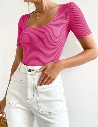 Vista 7 de ZESICA Camisetas de manga corta con cuello cuadrado para mujer, ajustadas, de verano, de punto acanalado, básicas, casuales