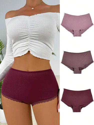 Vista 5 de OYOANGLE Ropa interior de 3 piezas de cintura alta para mujer con ribete de encaje festoneado