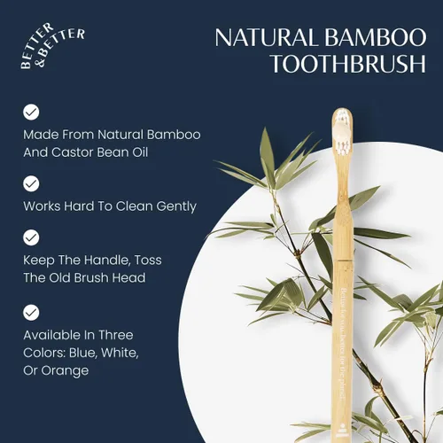 Vista 3 de Better & Better Cepillo de dientes de bambú natural, cerdas suaves, 100% a base de plantas, mango reutilizable y cabezal de cepillo reemplazable