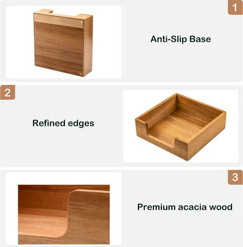 Vista 4 de Servilletero de madera de acacia para mesa, dispensador de servilletas cuadrado de granja con amplia apertura lateral, servilletas de papel fáciles