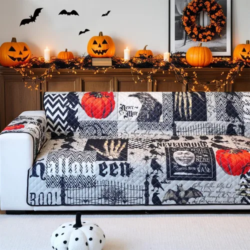 Vista 24 de Cmfshape Funda de sofá antideslizante para Halloween, funda de sofá con correas elásticas, funda antideslizante de fácil ajuste, protector de Negro