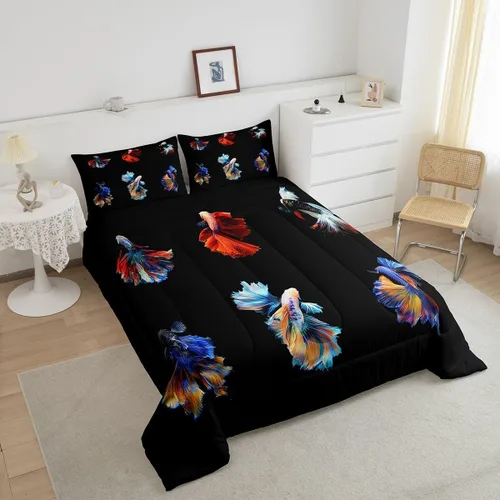 Vista 3 de Betta - Juego de ropa de cama de peces siameses coloridos de lucha contra el agua, juego de edredón de animales submarinos para niños y adultos