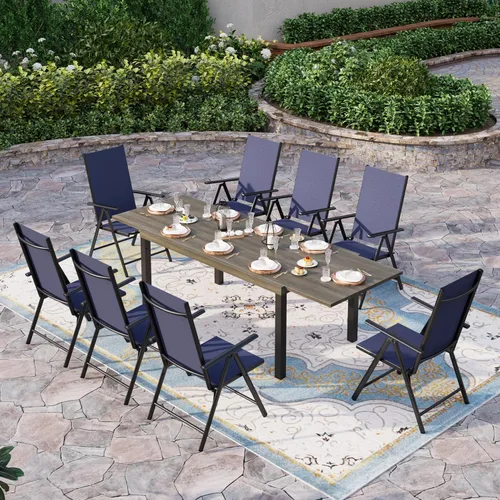 Vista 12 de Sophia & William Juego de comedor de patio para 8 personas, juego de mesa de comedor al aire libre grande cuadrada de metal negro y 8 sillas
