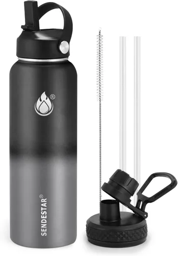 Vista 62 de SENDESTAR Botella de agua aislada de 24 onzas, boca ancha, botella de agua de 24 onzas con tapa con popote, tapa de boquilla, acero inoxidable