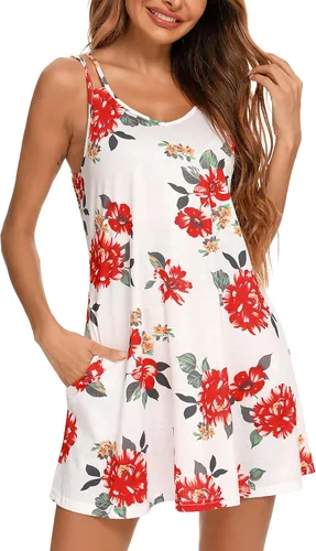 Vista 3 de Camisón estampado para mujer, camisón sin mangas, talla grande, ropa de dormir con bolsillos, tallas S-3XL