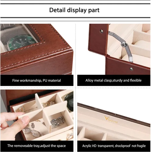 Vista 5 de Voova Joyero organizador de cajas de reloj para hombres y mujeres 2 capas grandes de 12 ranuras de piel sintética estuche de almacenamiento